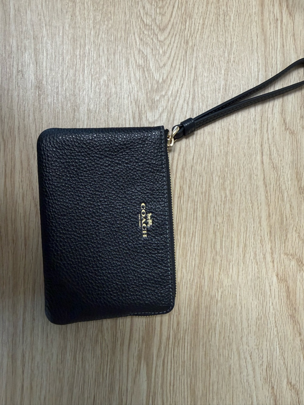 Coach Black Pebbled Leather Wristlet with Gold Logo